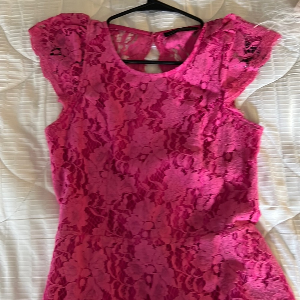Magenta lace open back mini dress